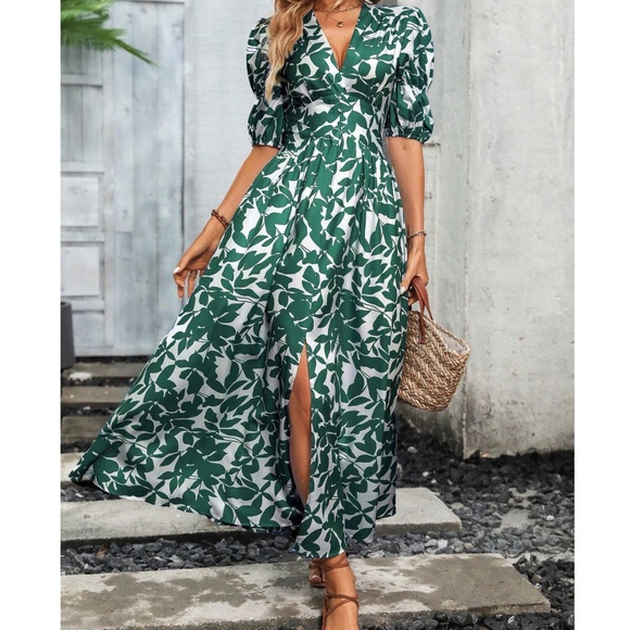 Boho Print V neck Puff Sleeve Maxi Dress - Picture 1 of 5
